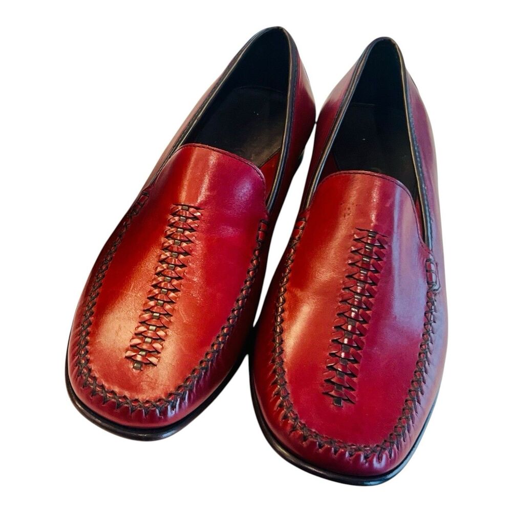 Cole Haan Red Leather Loafers Womens 6.5 Braided Woven Stitch Slip On Shoes New